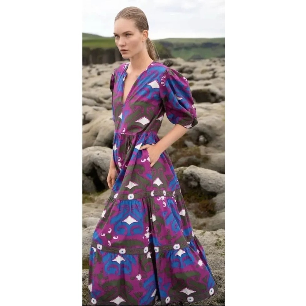 Oliphant Uzbek Tiered Maxi Dress Women's Medium Purple Print Pockets